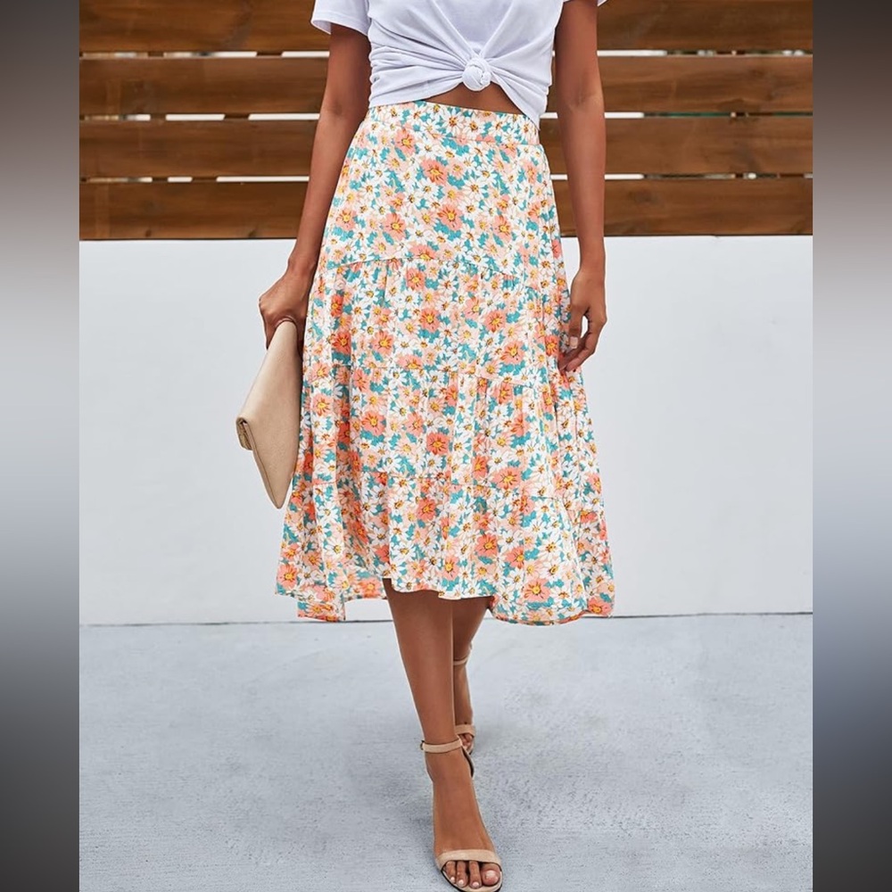 NWT Wayf Floral High Waist‎ Midi Skirt with Orange and Blue Size Small